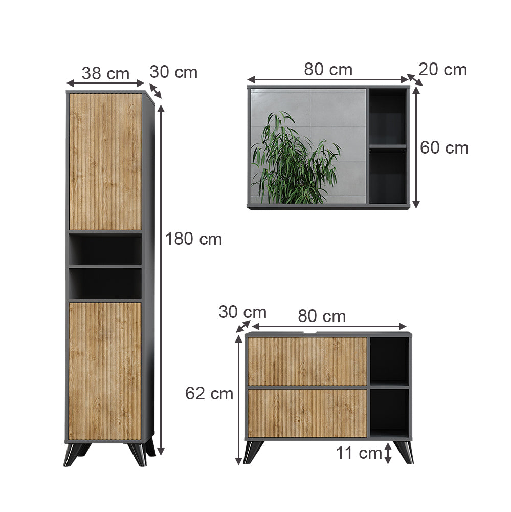 Vicco Set di mobili da bagno Antracite/quercia di montagna 80 cm, set 3