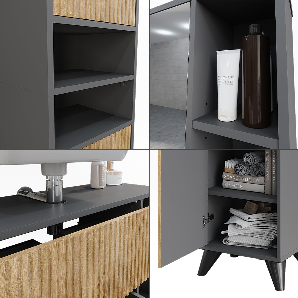 Vicco Set di mobili da bagno Antracite/quercia di montagna 80 cm, set 3