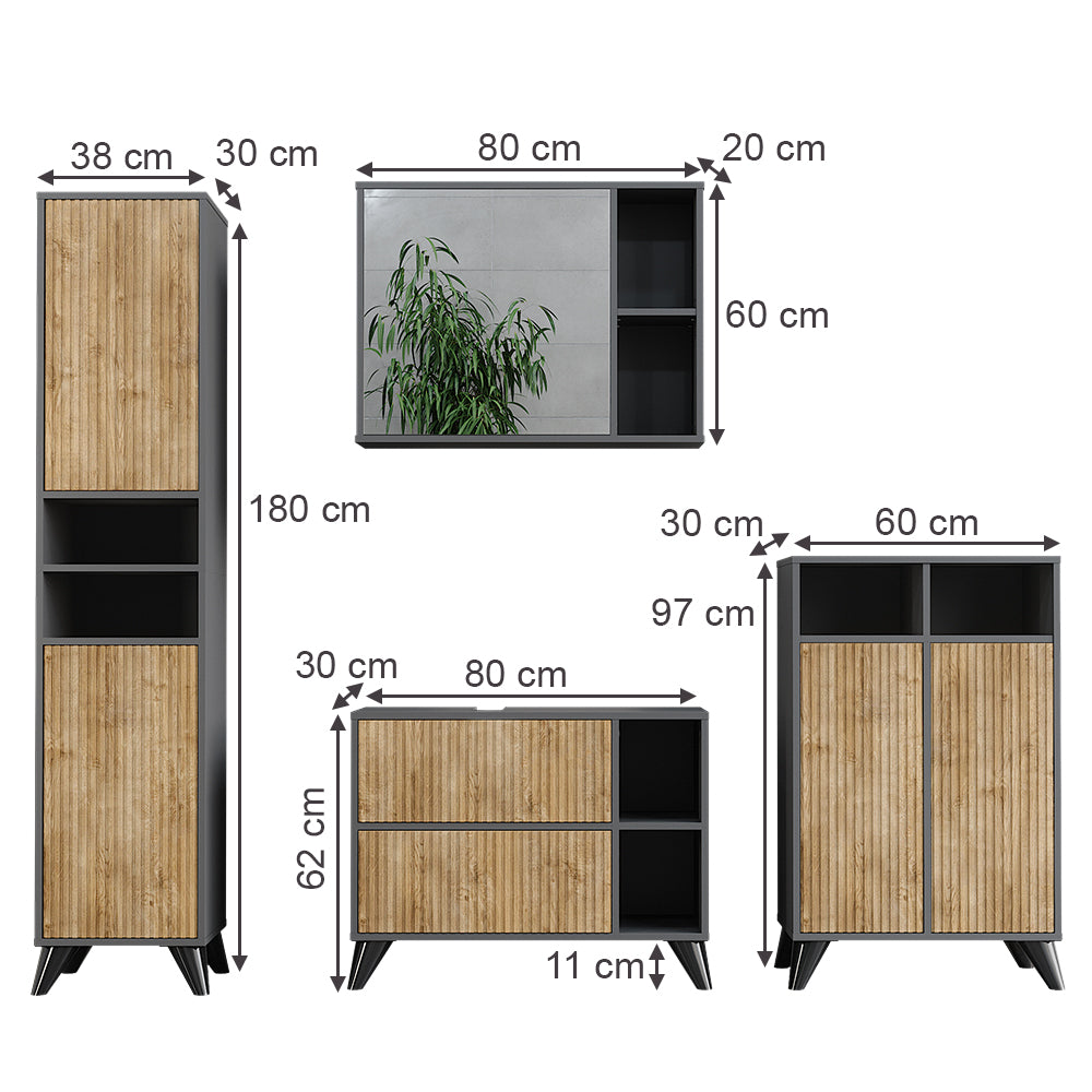 Vicco Set di mobili da bagno Antracite/quercia di montagna 80 cm, set 4