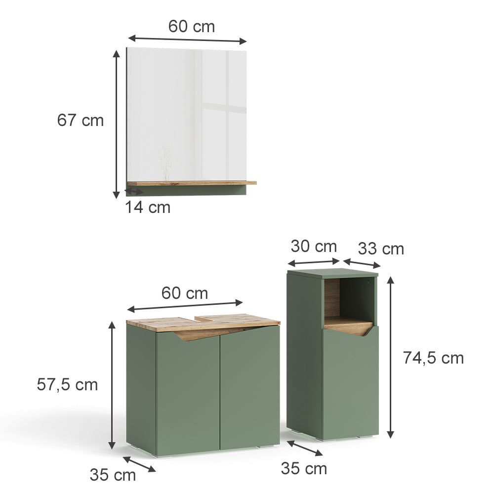 Vicco Set di mobili da bagno Verde/Artigianale 3 pezzi, con cabinet midi
