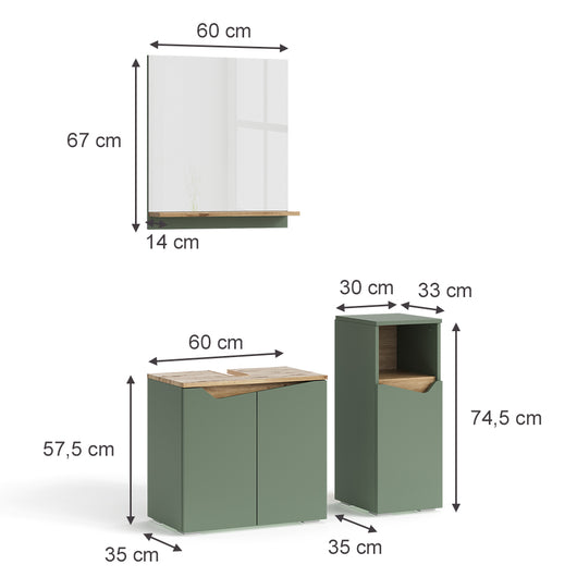 Vicco Set di mobili da bagno Verde/Artigianale 3 pezzi, con cabinet midi