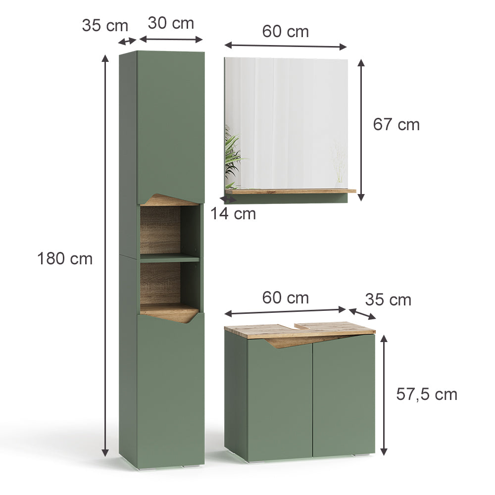 Vicco Set di mobili da bagno Verde/Artigianale 3 parti, con colonna