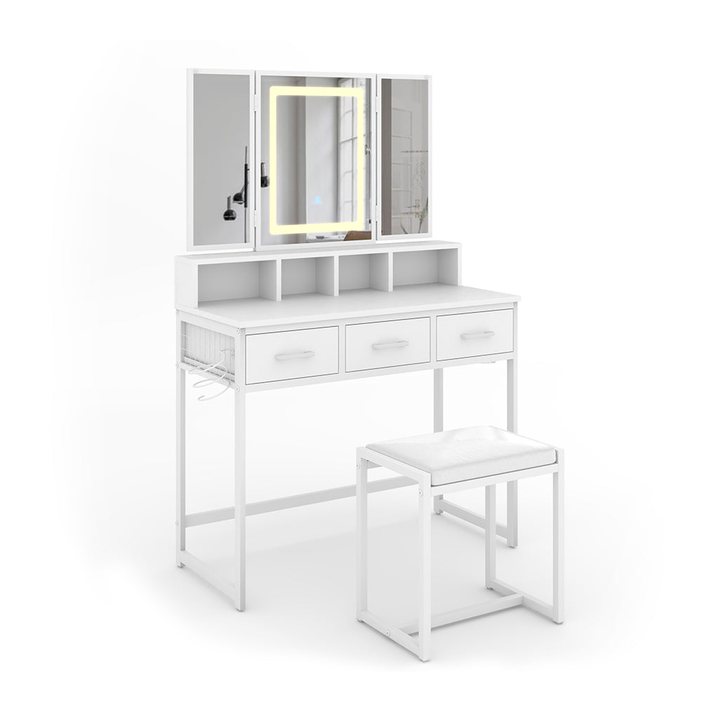 Vicco Tavolo da toilette Bianco 90 cm con specchio LED e sgabello