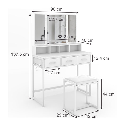 Vicco Tavolo da toilette Bianco 90 cm con specchio LED e sgabello
