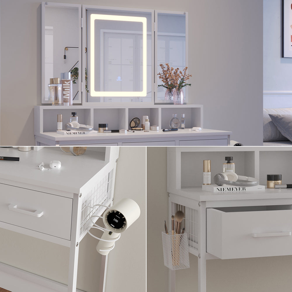 Vicco Tavolo da toilette Bianco 90 cm con specchio LED e sgabello