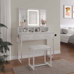 Vicco Tavolo da toilette Bianco 90 cm con specchio LED e sgabello