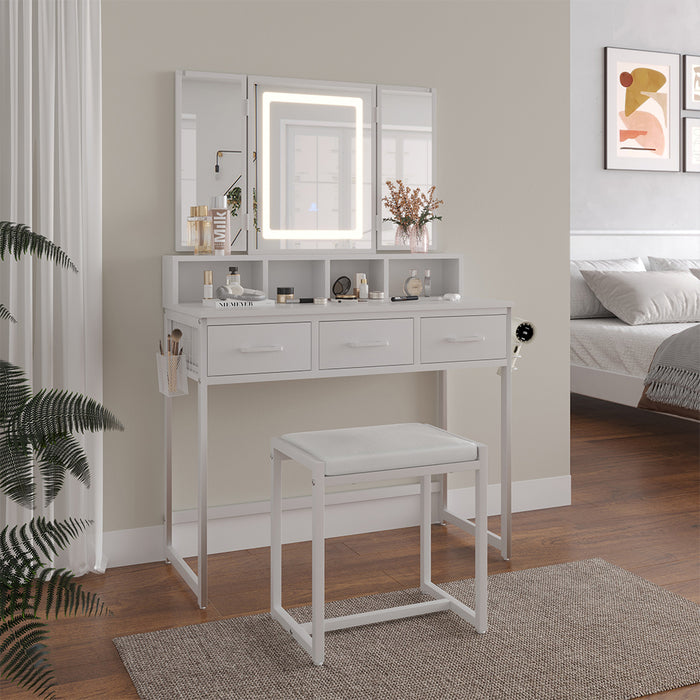 Vicco Tavolo da toilette Bianco 90 cm con specchio LED e sgabello