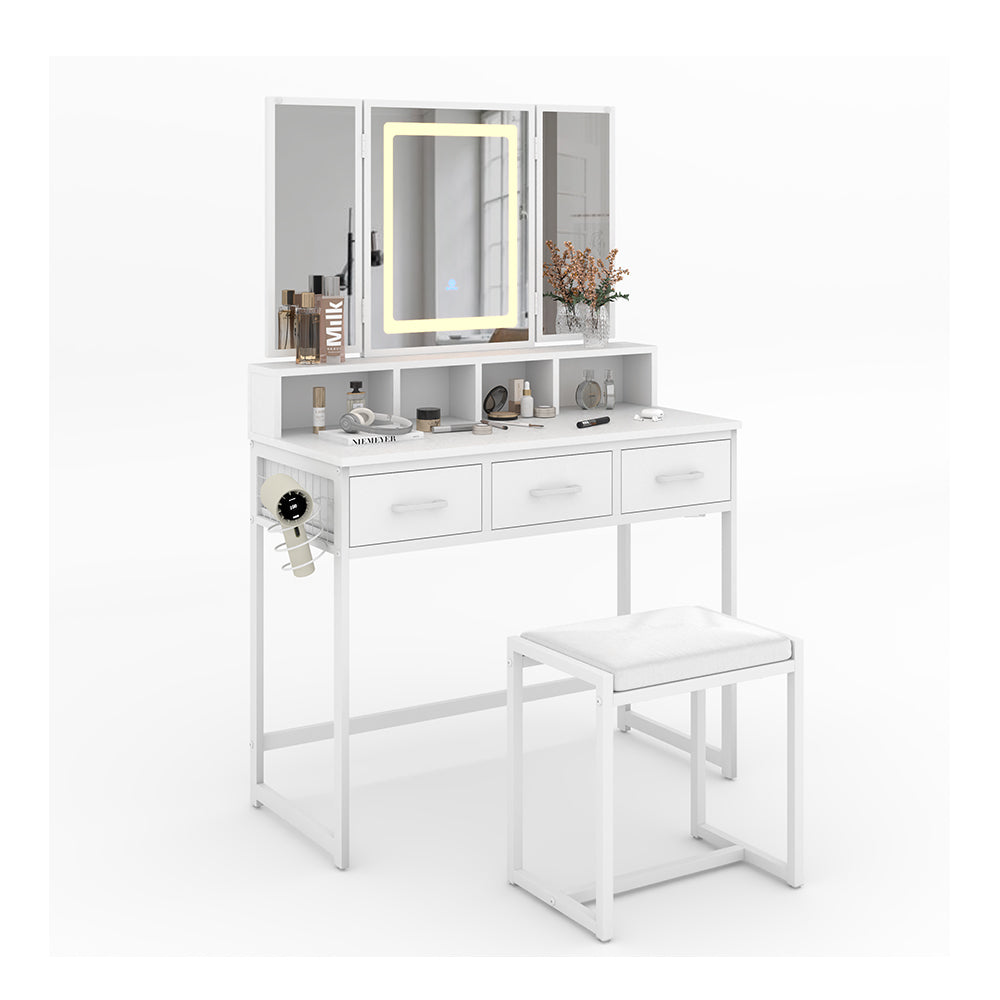 Vicco Tavolo da toilette Bianco 90 cm con specchio LED e sgabello