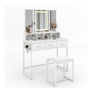 Vicco Tavolo da toilette Bianco 90 cm con specchio LED e sgabello