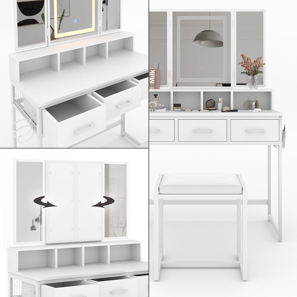 Vicco Tavolo da toilette Bianco 90 cm con specchio LED e sgabello