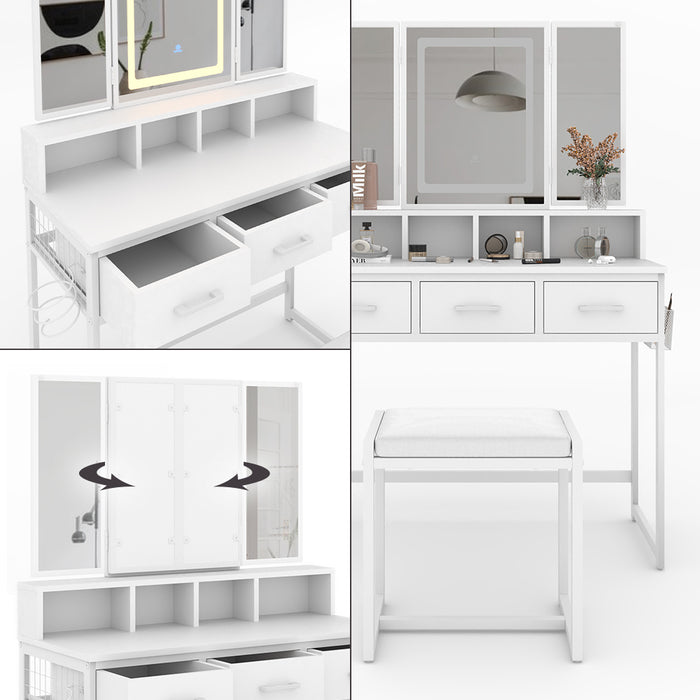 Vicco Tavolo da toilette Bianco 90 cm con specchio LED e sgabello