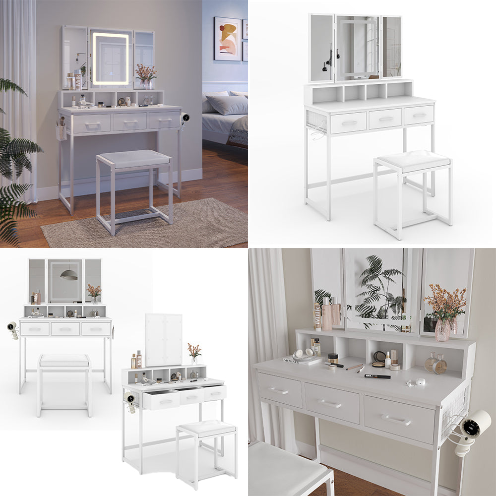 Vicco Tavolo da toilette Bianco 90 cm con specchio LED e sgabello