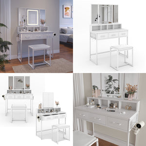 Vicco Tavolo da toilette Bianco 90 cm con specchio LED e sgabello