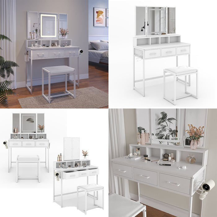 Vicco Tavolo da toilette Bianco 90 cm con specchio LED e sgabello