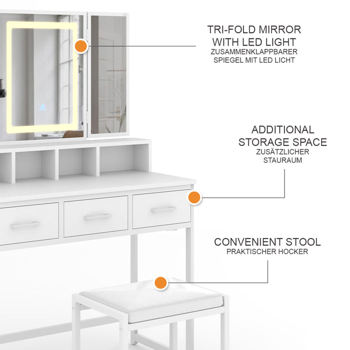 Vicco Tavolo da toilette Bianco 90 cm con specchio LED e sgabello