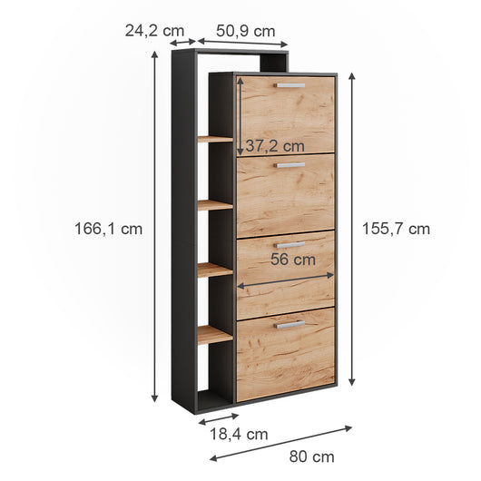 Vicco Scarpiera da ingresso Quercia dorata/antracite 80 x 166.1 cm con 4 scomparti
