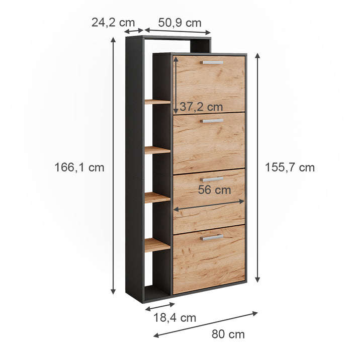 Vicco Scarpiera da ingresso Quercia dorata/antracite 80 x 166.1 cm con 4 scomparti