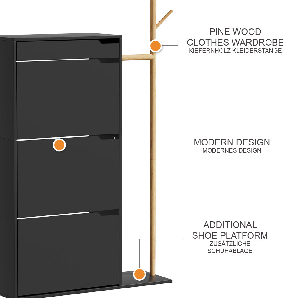 Vicco Armadio per le scarpe Nero 90 x 181.5 cm con 3 scomparti, 1 cassetto