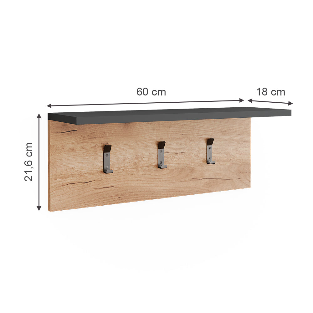 Vicco Appendiabiti da parete Antracite/quercia dorata 60 x 21.6 cm