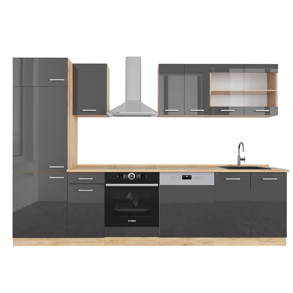Vicco Cucina componibile Antracite lucido/oro power oak 300 cm senza piano di lavoro