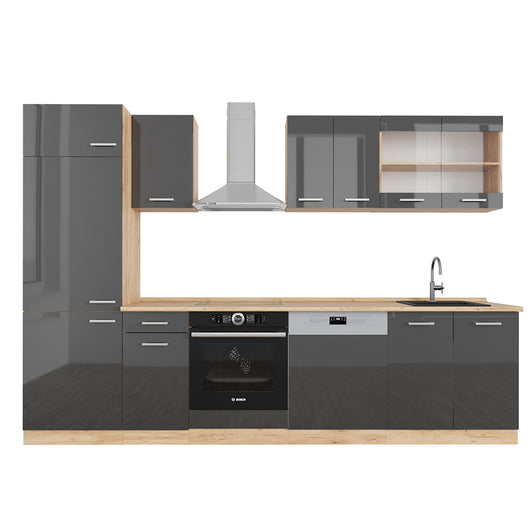 Vicco Cucina componibile Antracite lucido/oro power oak 300 cm senza piano di lavoro