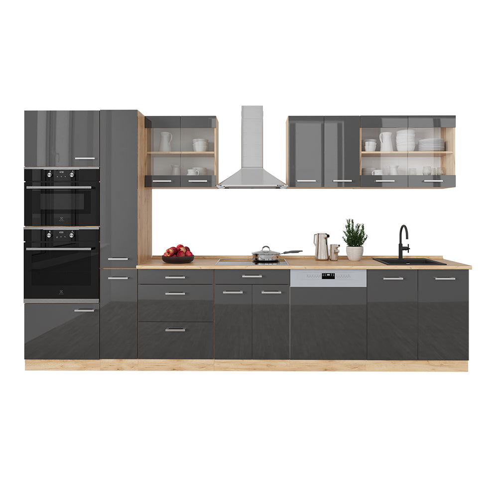 Vicco Cucina componibile Antracite lucido/oro power oak 350 cm con armadio alto, PL Antracite