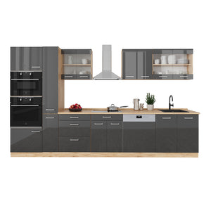 Vicco Cucina componibile Antracite lucido/oro power oak 350 cm con armadio alto, PL Marmo