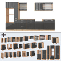 Vicco Cucina componibile Antracite lucido/oro power oak 350 cm con armadio alto, PL Rovere