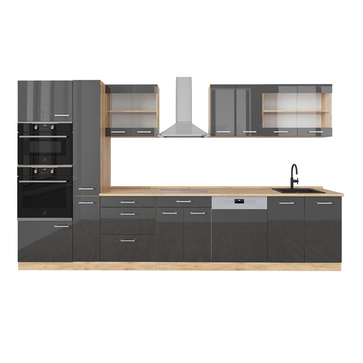 Vicco Cucina componibile Antracite lucido/oro power oak 350 cm con armadio alto, PL Rovere