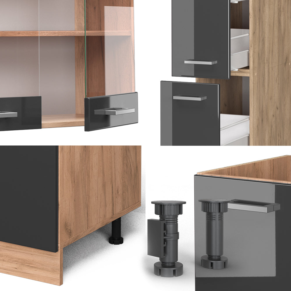 Vicco Cucina componibile Antracite lucido/oro power oak 350 cm con armadio alto, PL Rovere