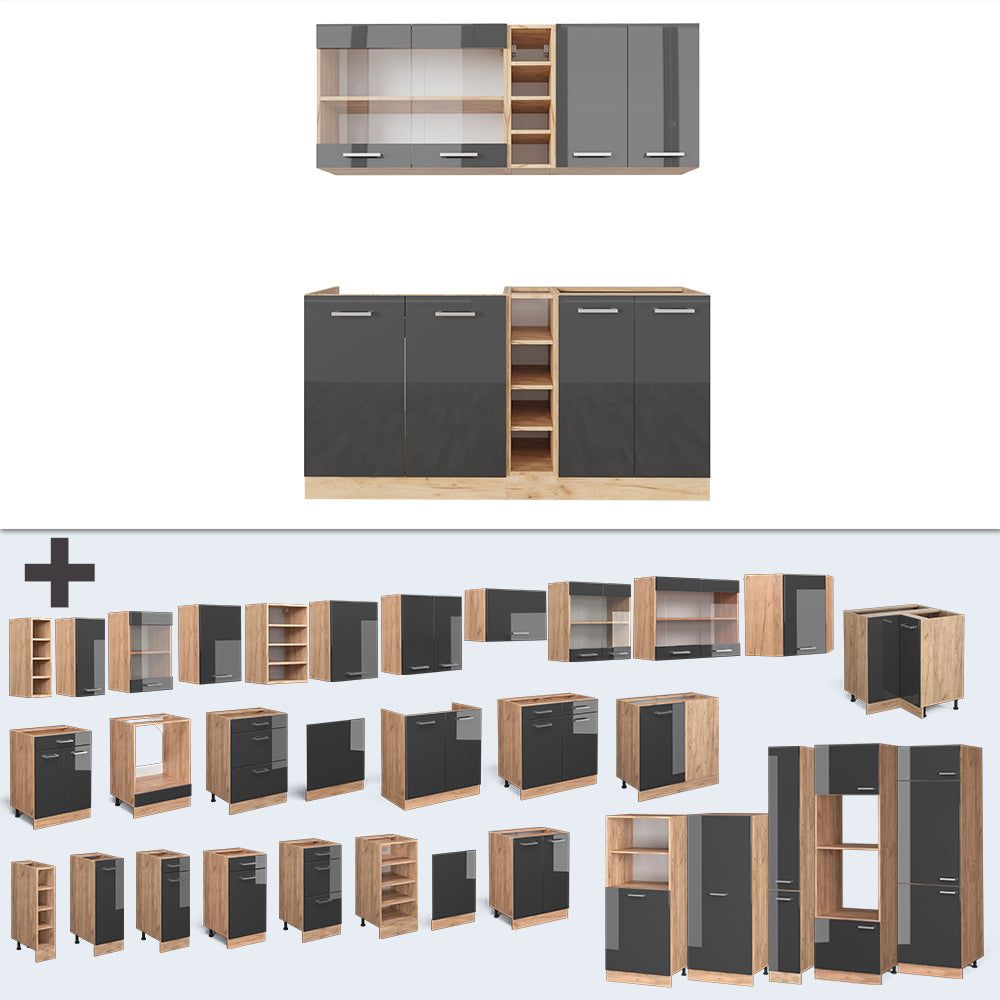 Vicco Cucina completa Antracite lucido/oro power oak 160 cm senza piano di lavoro