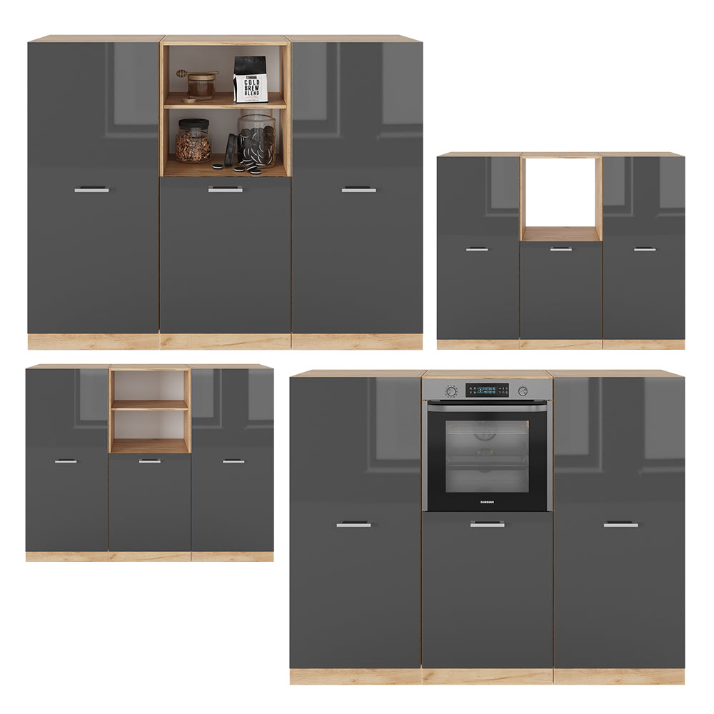 Vicco Cucine componibili piccole Antracite lucido/oro power oak 180 cm senza piano di lavoro