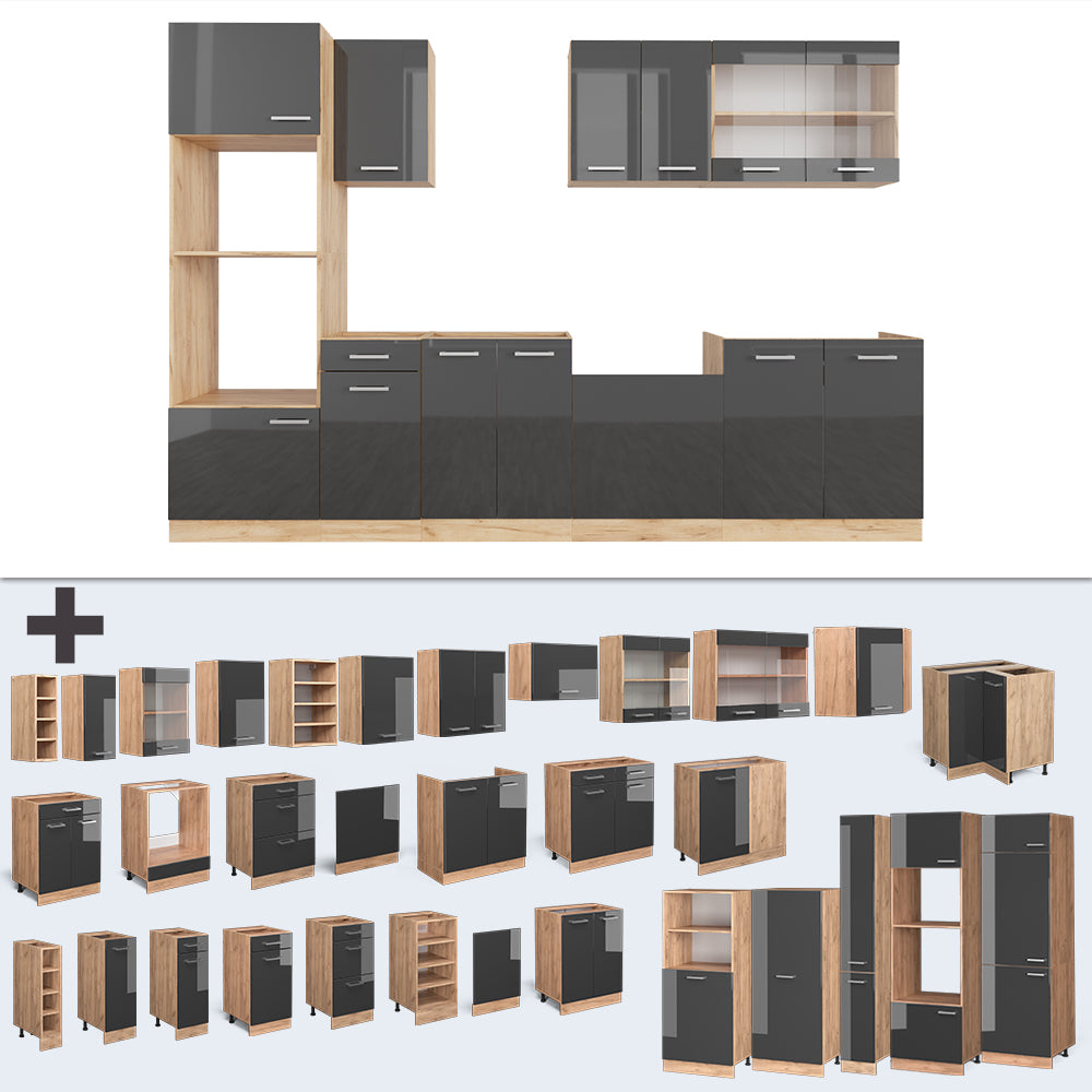 Vicco Cucina componibile Antracite lucido/oro power oak 300 cm con armadio alto, PL Marmo