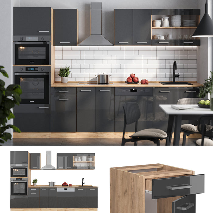 Vicco Cucina componibile Antracite lucido/oro power oak 300 cm con armadio alto, senza piano di lavoro