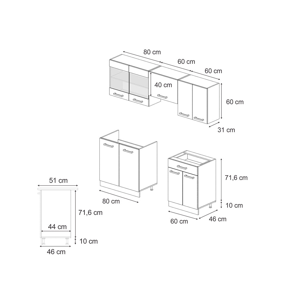 Vicco Cucina componibile Antracite lucido/oro power oak 200 cm , PL Rovere