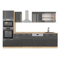 Vicco Cucina componibile Antracite lucido/oro power oak 300 cm con armadio alto, senza piano di lavoro