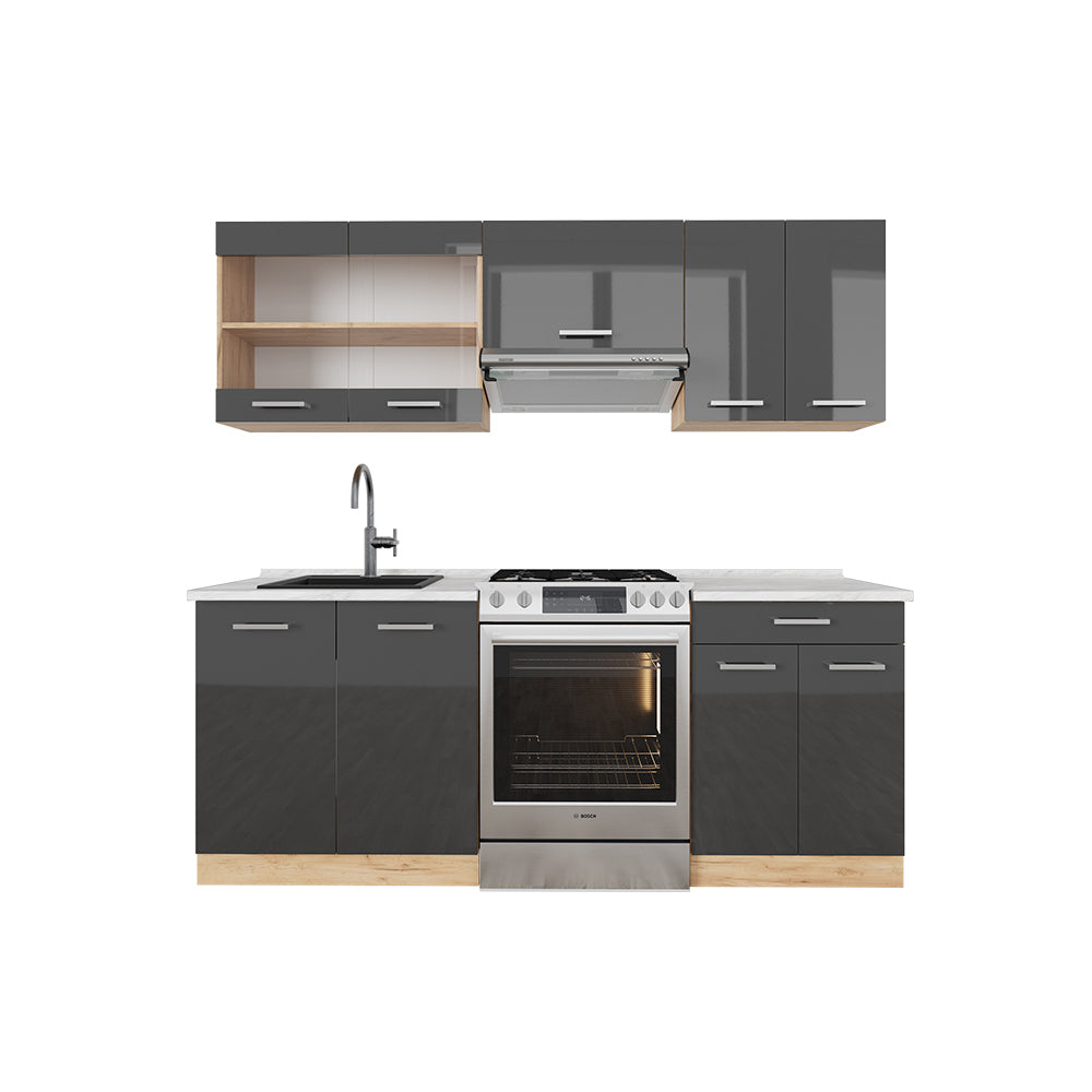 Vicco Cucina componibile Antracite lucido/oro power oak 200 cm , PL Marmo