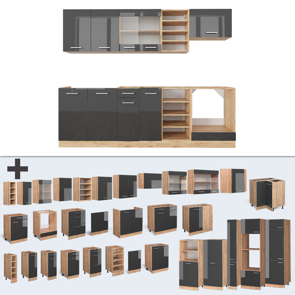 Vicco Cucina componibile Antracite lucido/oro power oak 240 cm senza piano di lavoro