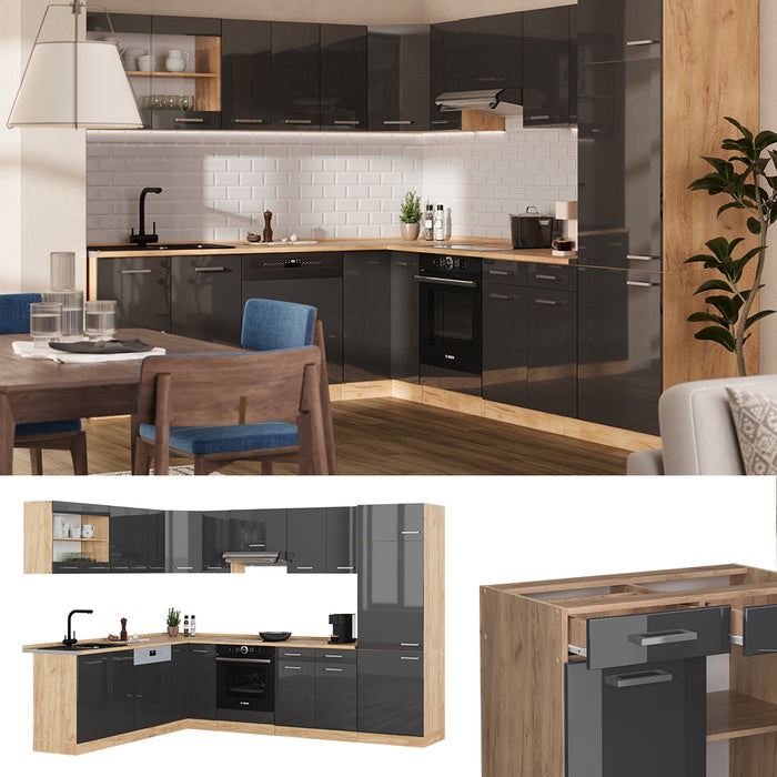 Vicco Cucina angolare completa Antracite lucido/oro power oak 227 x 287 cm senza piano di lavoro