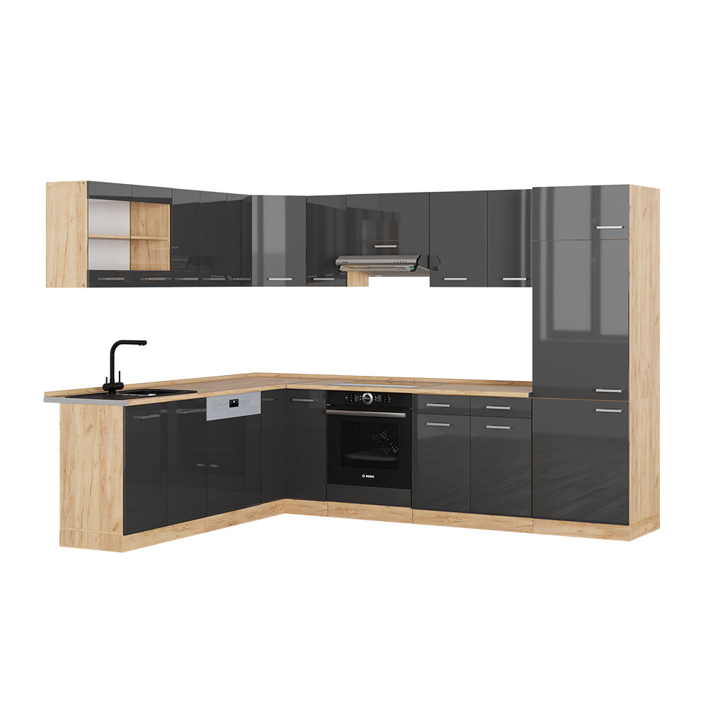 Vicco Cucina angolare completa Antracite lucido/oro power oak 227 x 287 cm senza piano di lavoro