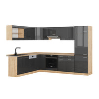 Vicco Cucina angolare completa Antracite lucido/oro power oak 227 x 287 cm senza piano di lavoro