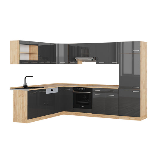 Vicco Cucina angolare completa Antracite lucido/oro power oak 227 x 287 cm senza piano di lavoro
