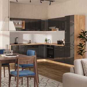 Vicco Cucina angolare completa Antracite lucido/oro power oak 227 x 287 cm senza piano di lavoro