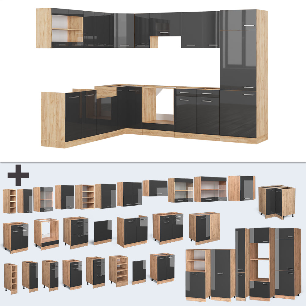 Vicco Cucina angolare completa Antracite lucido/oro power oak 227 x 287 cm , PL Antracite