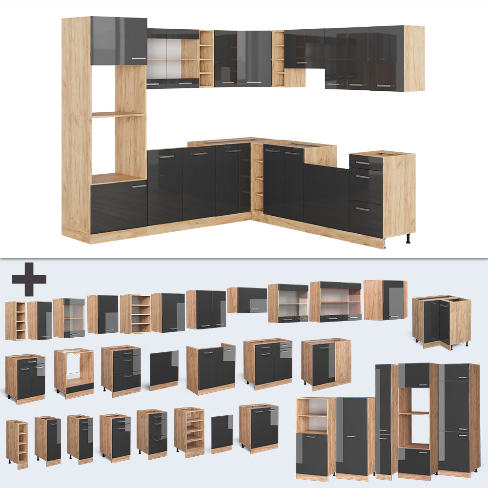 Vicco Cucina angolare completa Antracite lucido/oro power oak 237 x 247 cm , PL Rovere