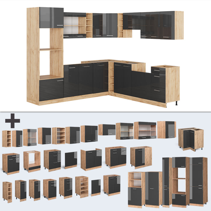 Vicco Cucina angolare completa Antracite lucido/oro power oak 237 x 247 cm , PL Rovere