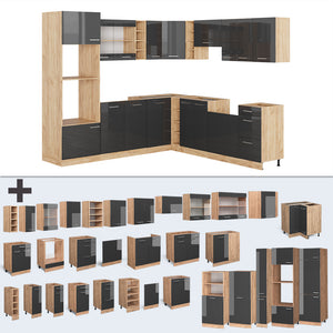 Vicco Cucina angolare completa Antracite lucido/oro power oak 237 x 60 cm senza piano di lavoro