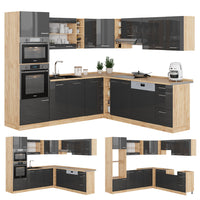 Vicco Cucina angolare completa Antracite lucido/oro power oak 237 x 60 cm senza piano di lavoro