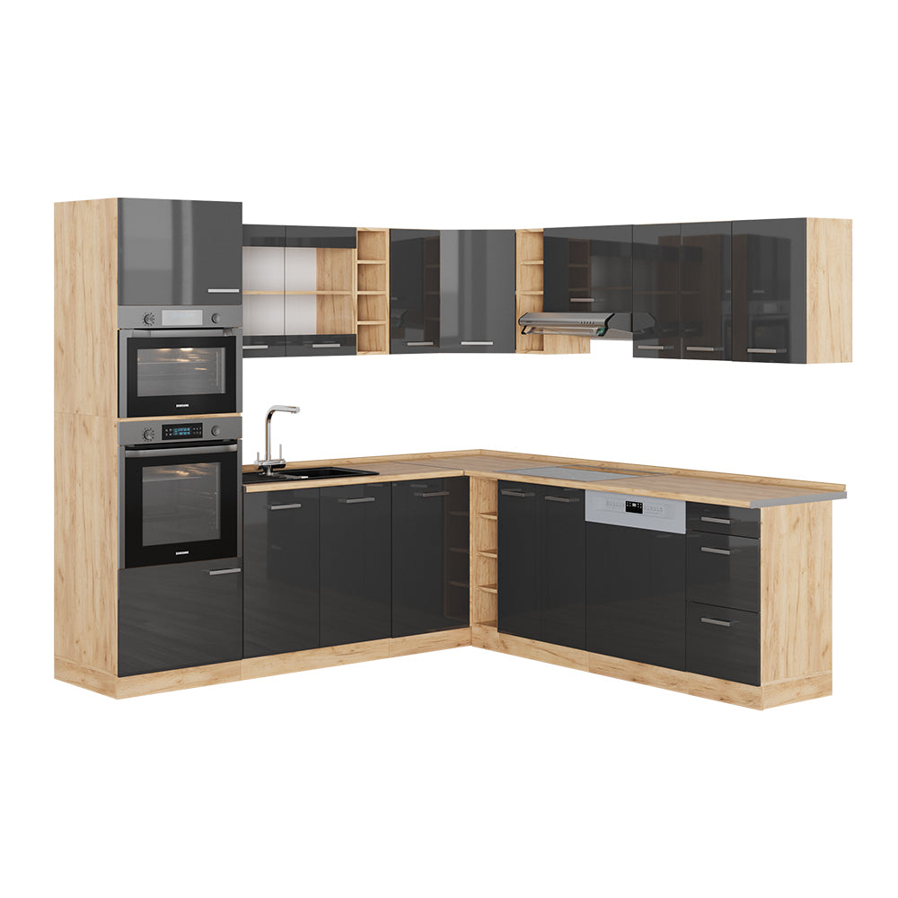 Vicco Cucina angolare completa Antracite lucido/oro power oak 237 x 60 cm senza piano di lavoro