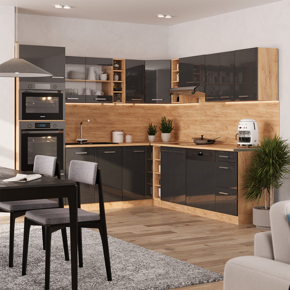 Vicco Cucina angolare completa Antracite lucido/oro power oak 237 x 247 cm , PL Rovere